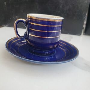 Vintage Tajima Japan Navy & Gold Striped Espresso Coffee Cup & Saucer Set (6)